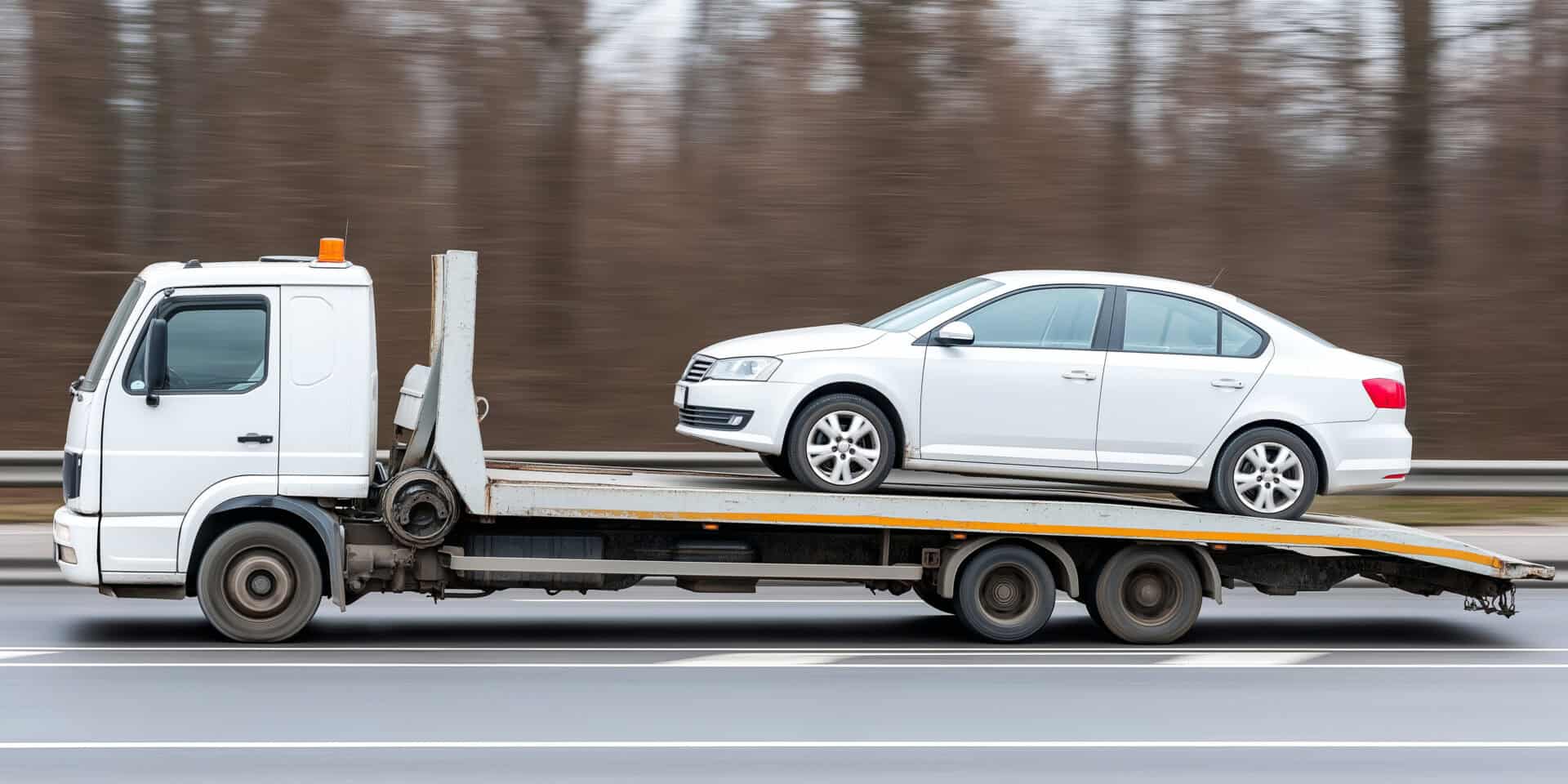 Tow truck transporting broken down white sedan on a flatbed along a highway, emergency road service